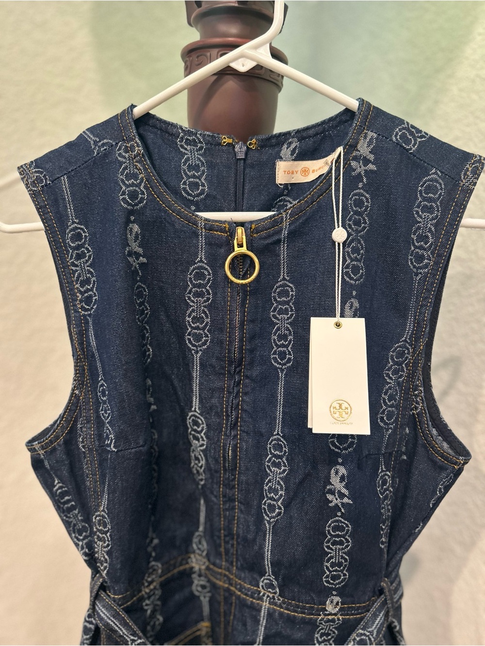 Tory Burch Navy Embroidered Denim Sleeveless Top